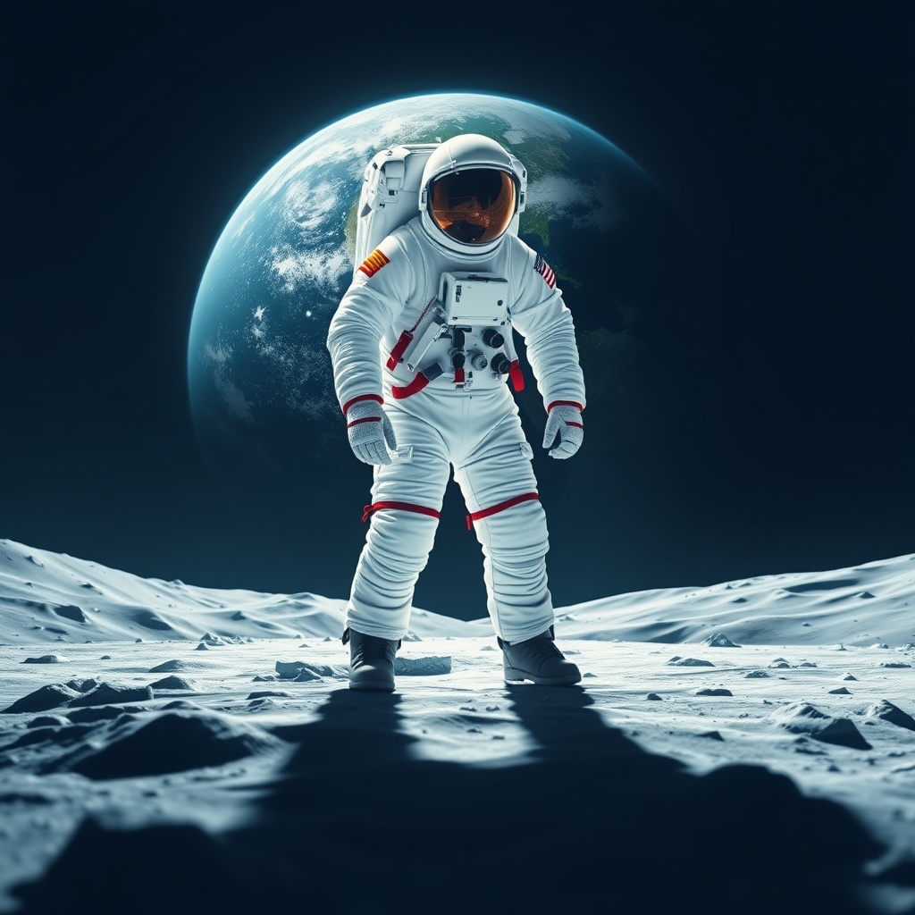 AI generated image by FLUX.1-schnell: Astronaut standing on the moon with the planet earth as background