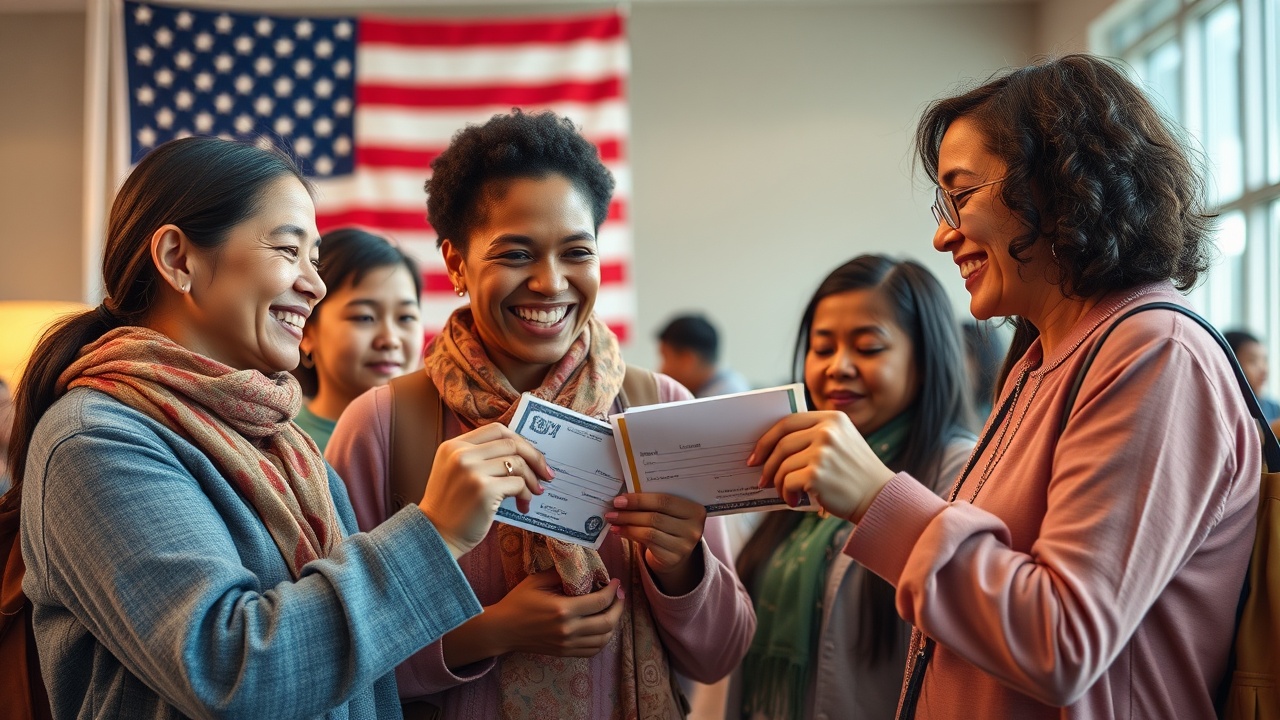 AI generated image by FLUX.1-schnell: Crea una imagen con estilo realista que represente a familias emigrantes recién llegadas a Estados Unidos recibiendo ayudas económicas. La escena debe transmitir enfado por quieran mas, mostrando personas recibiendo dólares o cheques en un ambiente positivo. En la imagen, incluye familias con diversidad étnica, sonriendo y recibiendo apoyo, mientras la bandera de Estados Unidos aparece de fondo o de manera simbólica. No incluyas texto en la imagen.

La composición debe ser cálida y emotiva, con una iluminación que realce el mensaje de inclusión y solidaridad. Ideal para formatos horizontales.