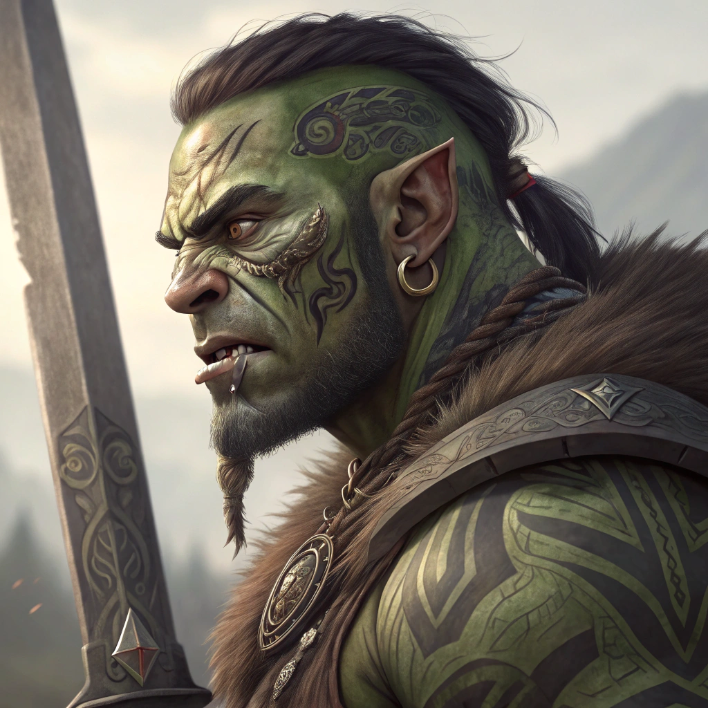 AI generated image by Red Panda AI: Close up portrait of a handsome and athletic orc with greenish skin with tattoos on his face and skull. He has piercings on his nose and one ear. He is holding a very large sword. Style of a fantasy digital art.