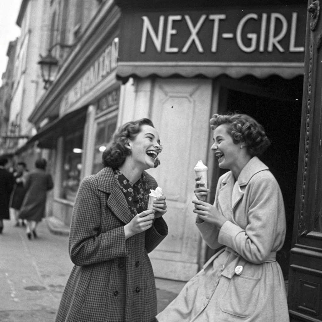 AI generated image by FLUX.1-schnell: A vintage photographs in blck and white of 2 pretty "next-girl" women laughing while eating gelato in a traditional Paris street. nostalgic feel, heavy grain with some chromatic aberration