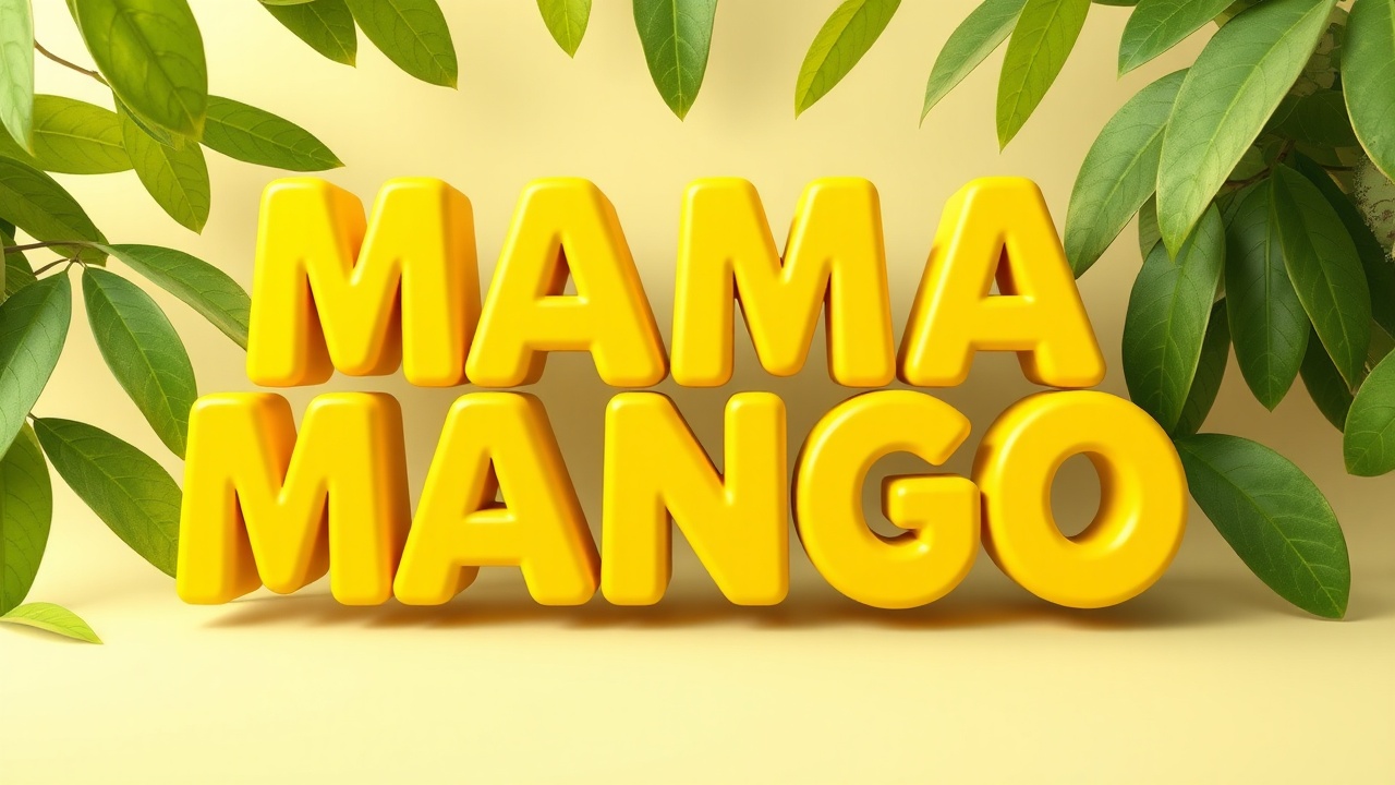 AI generated image by FLUX.1-schnell: Create a 3d version of the text MAMA MANGO. The text's iconic yellow should be preserved, and the name 'MAMA MANGO' should be clearly visible . Enhance the text with green mango leaves behind the text for a sustainable look. The surroundings should be calm, 