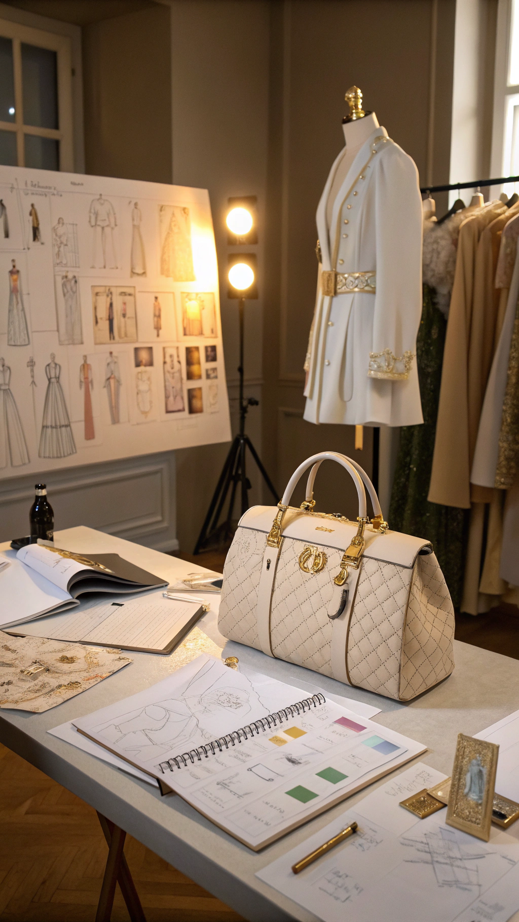 AI generated image by Red Panda AI: Una elegante y sofisticada escena de diseño de moda, con un fondo lleno de bosquejos de diseños de moda, planos de prendas, recortes de tela y patrones de costura. En el centro, una cartera de mujer de lujo, en tonos neutros y dorados, colocada sobre una mesa de diseño bien iluminada. La iluminación es cálida y profesional, resaltando los detalles de la cartera y los elementos del fondo. El ambiente es moderno y minimalista, con toques de elegancia y creatividad, perfecto para una campaña de una colección de perfume de alta gama. Estilo fotográfico realista, con colores suaves y texturas delicadas.