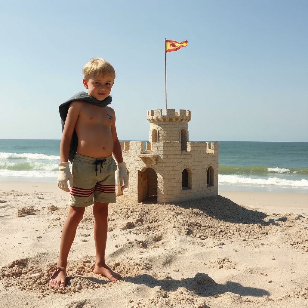 AI generated image by FLUX.1-schnell: deux garçons de huit ans faisant un petit château de sable sur la plage