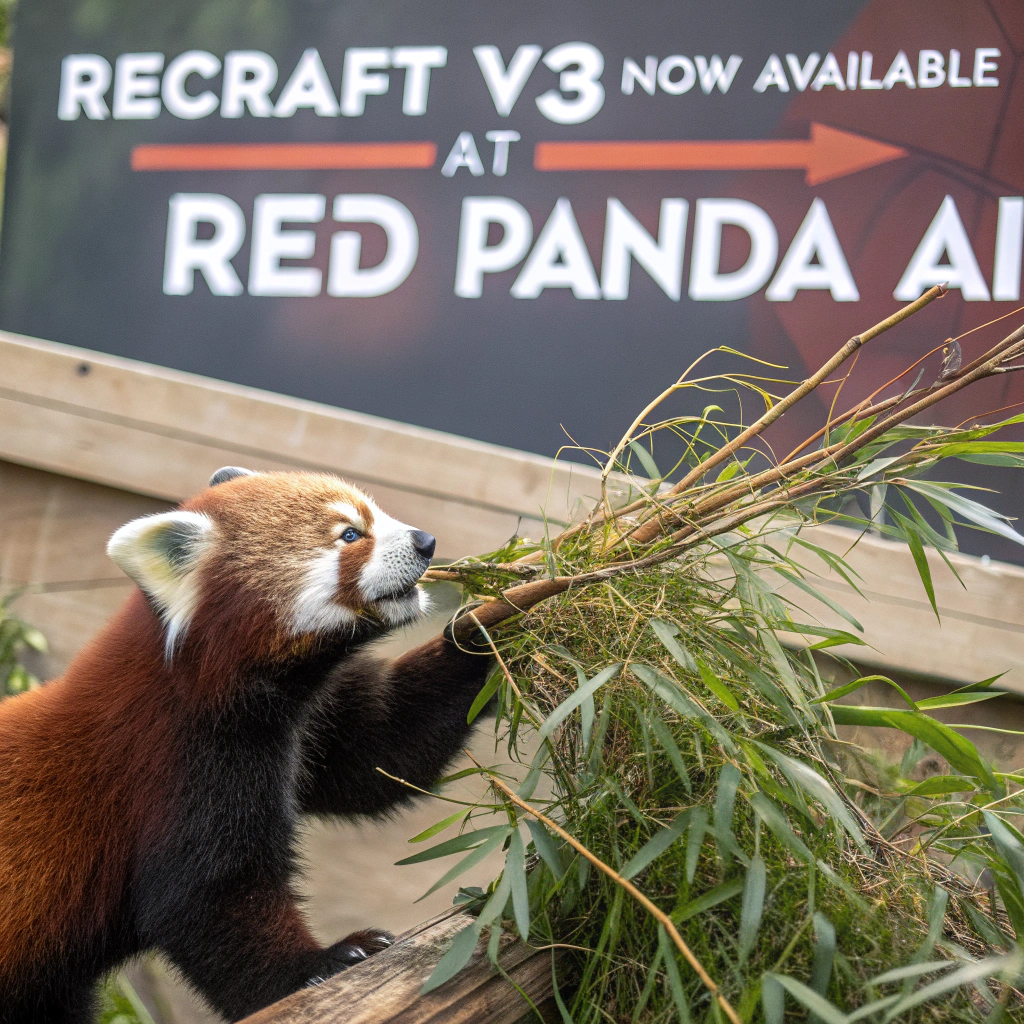 AI generated image by Red Panda AI: a red panda eating a bamboo in front of a poster that says "recraft V3 now available at red panda ai