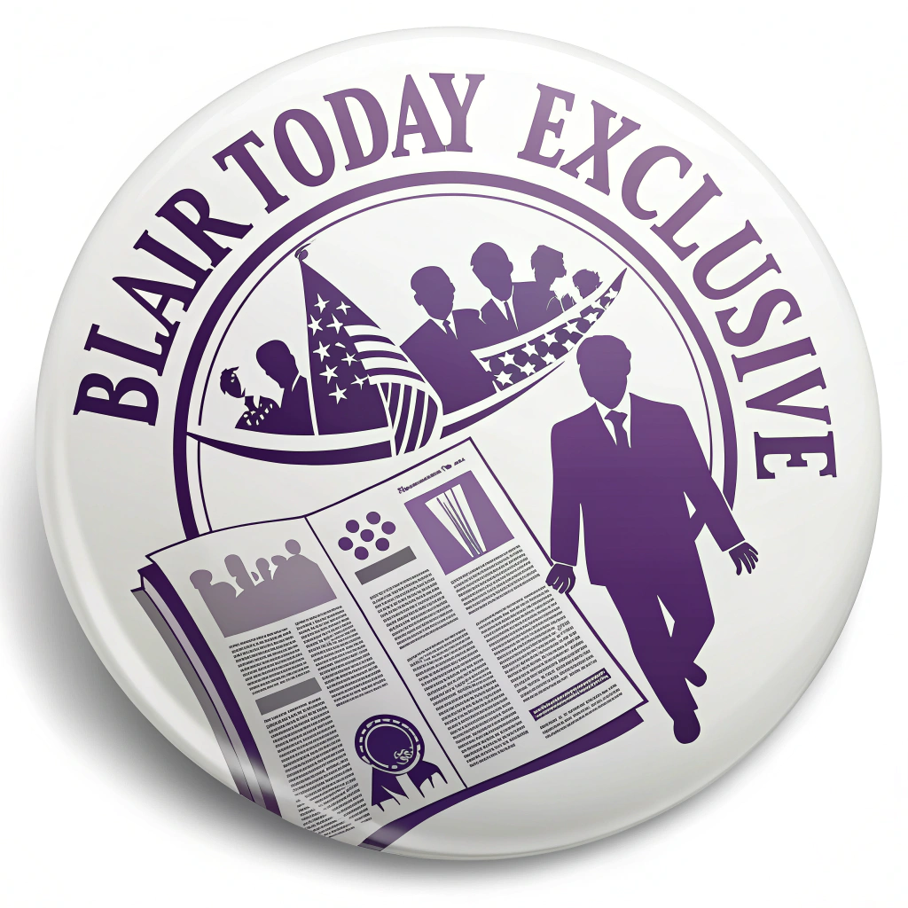 AI generated image by Red Panda AI: "BlairToday EXCLUSIVE" button circle for a newspaper.  On White Background.  Clear, strong font.  Purple motif.  Newspaper motif.  News media.  "BlairToday EXCLUSIVE"
