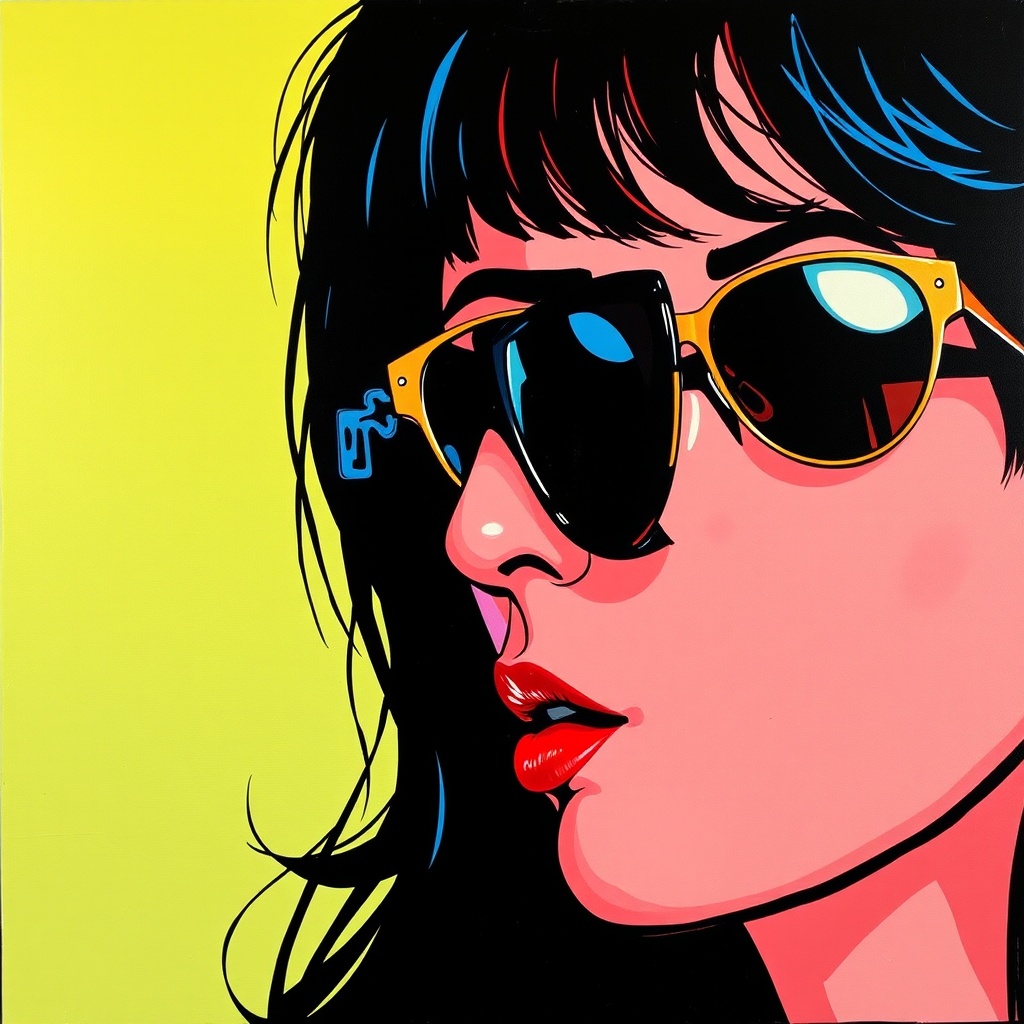 AI generated image by FLUX.1-schnell: Painting of a woman with sunglasses in the style of Lichtenstein