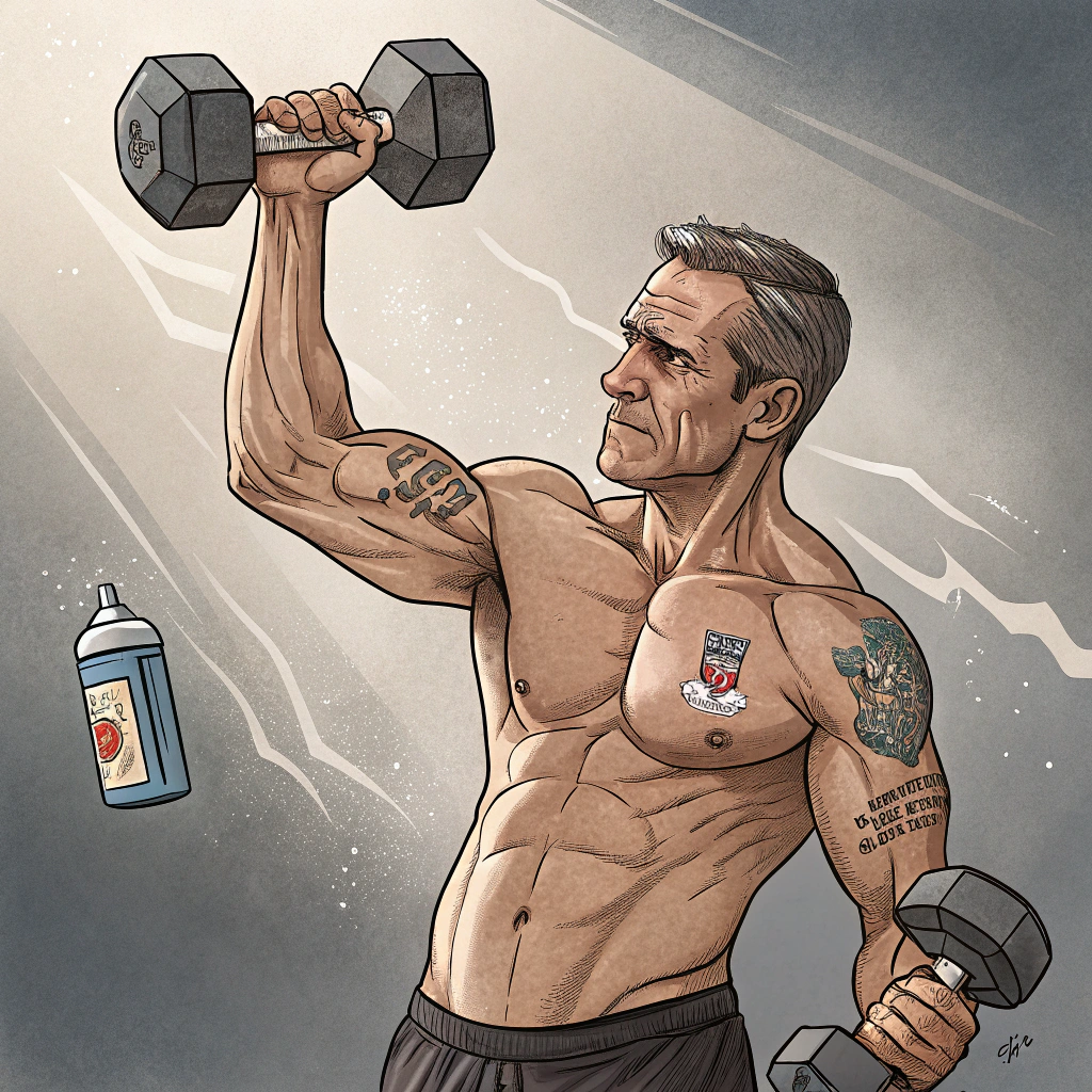AI generated image by Red Panda AI: A 40-year-old man, muscular and well-defined, shown from the torso up. He is lifting dumbbells in a comic-style illustration with clear details and bold lines. His right shoulder is bandaged, indicating an injury. He has short, well-groomed hair, and his expression shows focus and physical effort. His skin has a healthy tone, characteristic of an active athlete. On his left arm, there’s a distinctive tattoo related to a baby or a baby bottle as a personal symbol. The background is neutral with dynamic shadows to emphasize his musculature and the action of lifting weights.