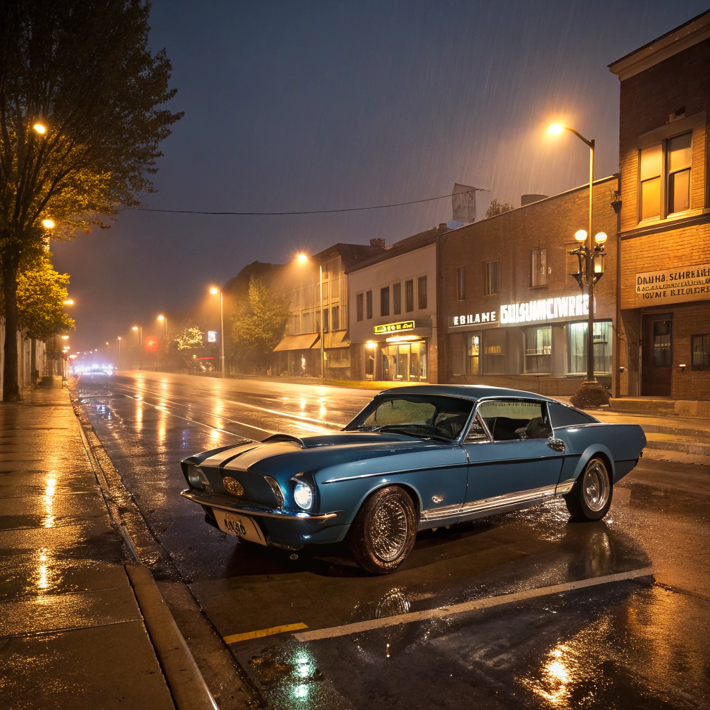 AI generated image by FLUX.1-schnell: shellby gt-500, 1960s in midwest town, USA, at night after rain
