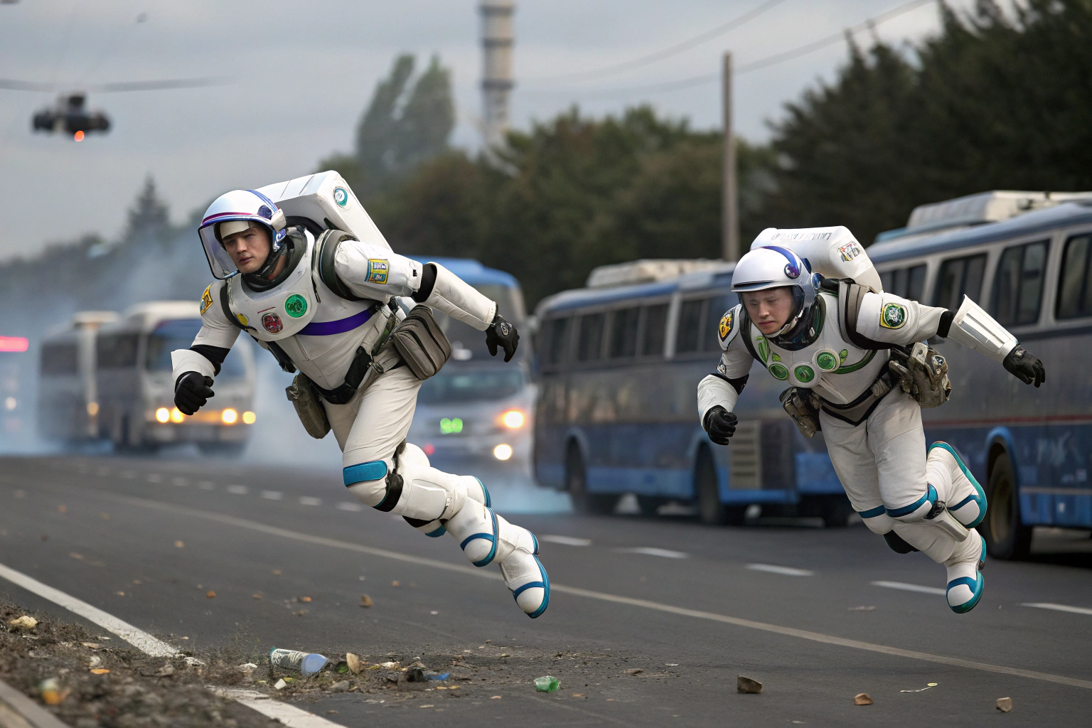 AI generated image by Red Panda AI: Two Megaman and Buzz Lightyear-style travelers in white armor, visible face, transparent helmet, fly low at high speed over a asphalt route collapsed of electric buses and truck traffic, as if they were floating in space
The boots and gloves as well as the jetpack have a blue afterburner effect and propulsion units, based on turbine electric motors in a backpack and the armor has colored lights and LED headlights, as well as AirBMW Astro logos