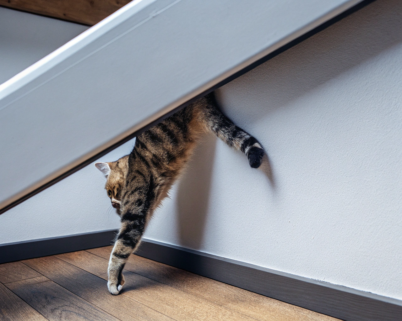 AI generated image by Red Panda AI: a cat is walking on room ceiling. upside down