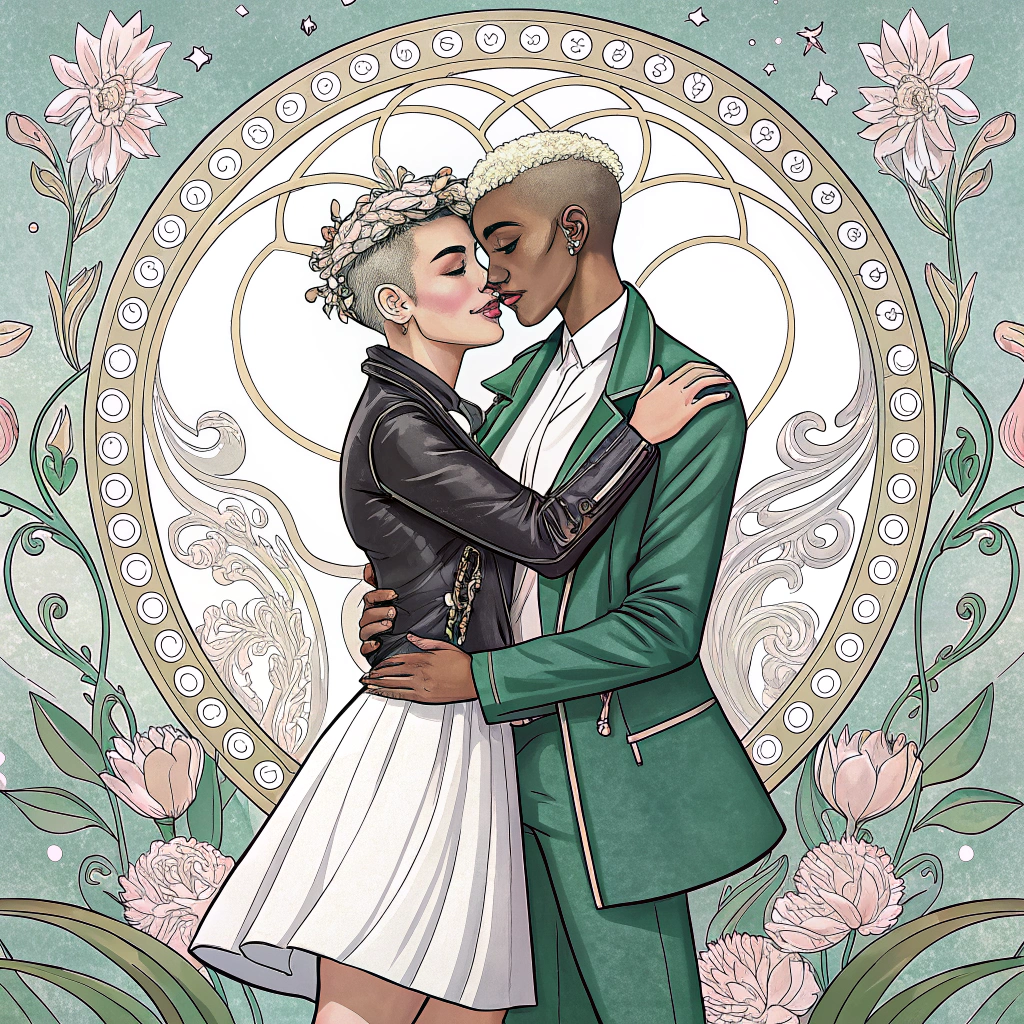 AI generated image by Red Panda AI: Create an art nouveau style image of 2 people hugging each other, jinx and ekko from the Arcane series, give Jinx a white dress with a short leather jacket, and ekko a green dress suit with a white shirt.  