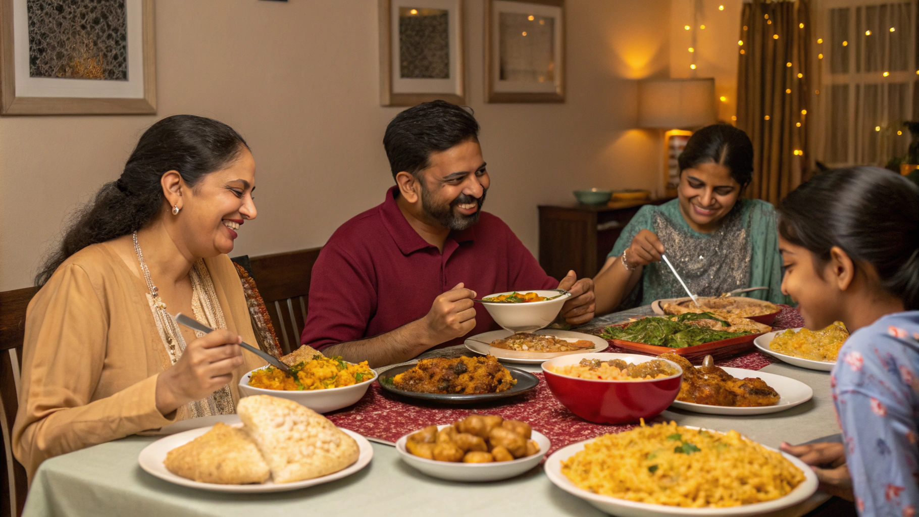 AI generated image by FLUX.1-schnell: An Indian family dining table filled with a variety of dishes, including biryani, naan, paneer tikka, pasta, and Chinese noodles. The family members are seated around the table, smiling and enjoying the food. The room is softly lit with warm colors, detailed expressions, and food textures. The dishes are vibrant and visually appealing, creating a sense of delicious satisfaction