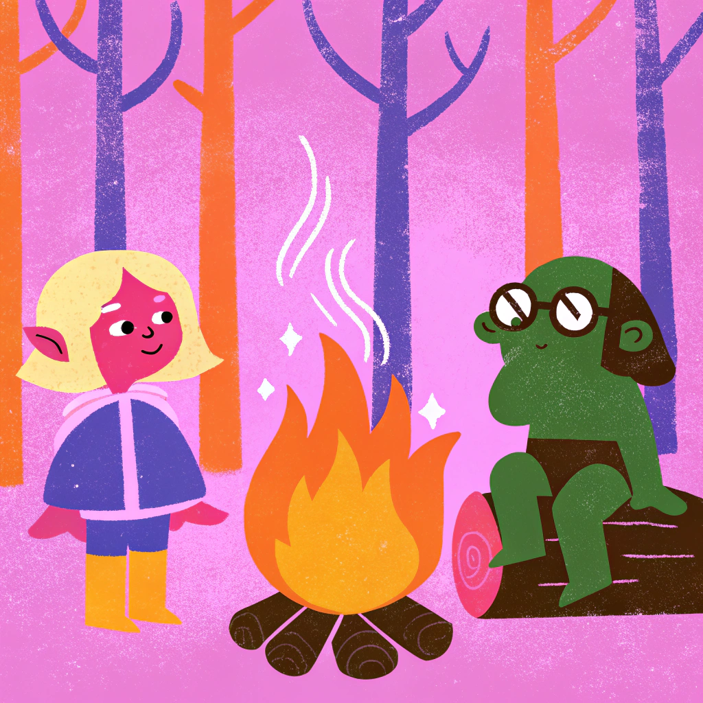 AI generated image by Red Panda AI: a young, short-haired blond elf WITHOUT GLASSES, an ogre with long black hair but WITH glasses to see and a toad with glasses and a tuft of hair. They are at a campfire in the middle of a forest