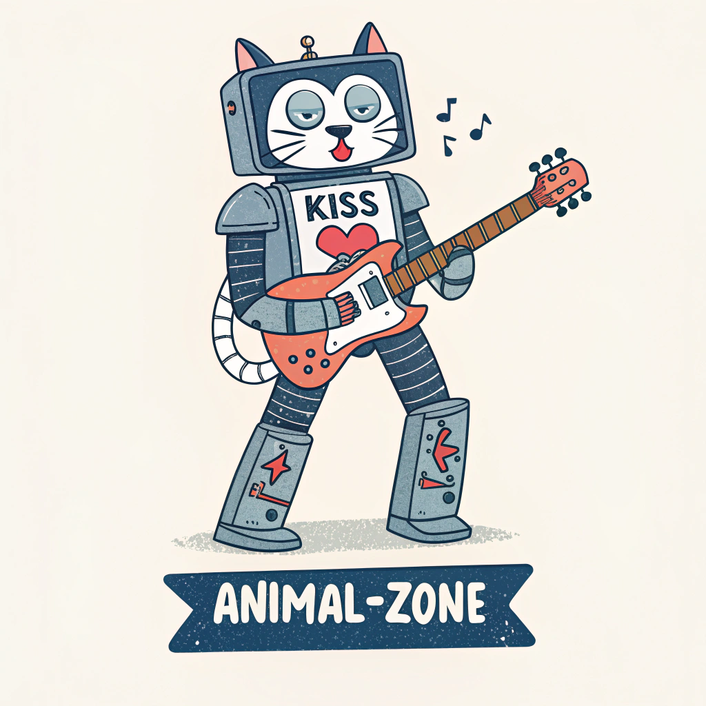 AI generated image by Red Panda AI: full body robot con cuerpo de gato plays electric guitar wearing makeup as a member of the band KISS, t-shirt style.Con texto debajo que ponga "Animal-Zone"