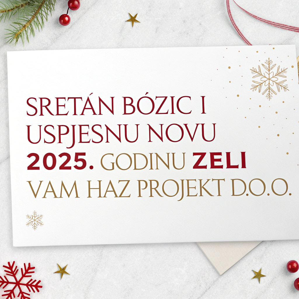 AI generated image by Red Panda AI: Generate an image of a minimalist Christmas greeting card with the text: Sretan Božić i uspješnu novu 2025. godinu želi Vam Haz projekt d.o.o.