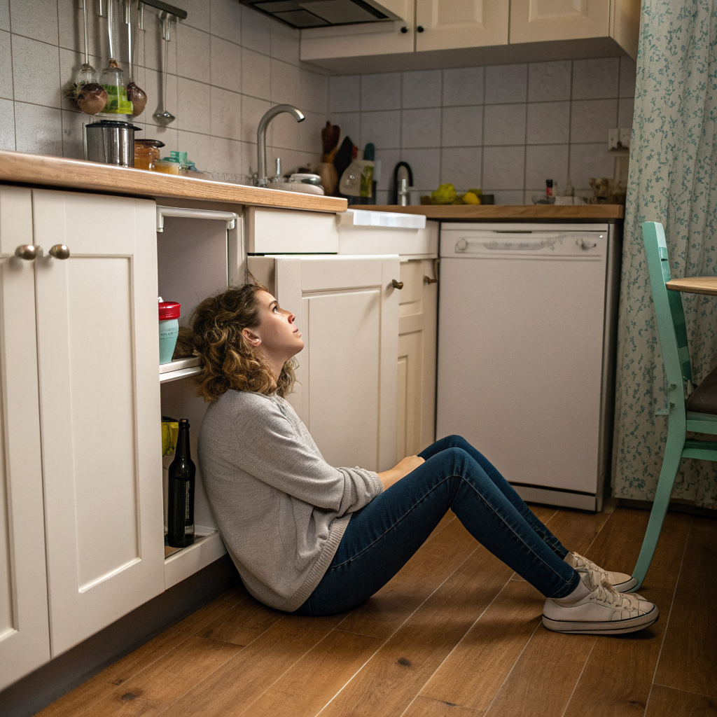 AI generated image by Red Panda AI: Une cuisine vue de face. Une femme est assise par terre, dos contre le meuble sous l'évier, jambes étendues devant elle. Sa tête est légèrement penchée sur l'épaule droite. Sa main gauche est posée sur son ventre. Un tabouret est renversé à environ un mètre d'elle sur sa gauche. La porte du réfrigérateur est ouverte. Sur le plan de travail au-dessus d'elle, un verre est posé au bord.