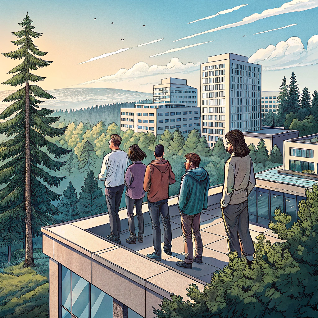 AI generated image by Red Panda AI: Peux tu créer l'image d'une équipe d'une société informatique sur le toit d'un rooftop à Sophia Antipolis entouré de quelques batiments modernes et d'une foret de pins. Il doit y a voir une femme de 25 originaire du Maroc, une jeune homme de 23 ans originaire du Vietnam, un jeune homme de 23 ans métisse et 4 hommes ages de 25 à 50 ans
Il faudrait voir ces 7 personnes de face
