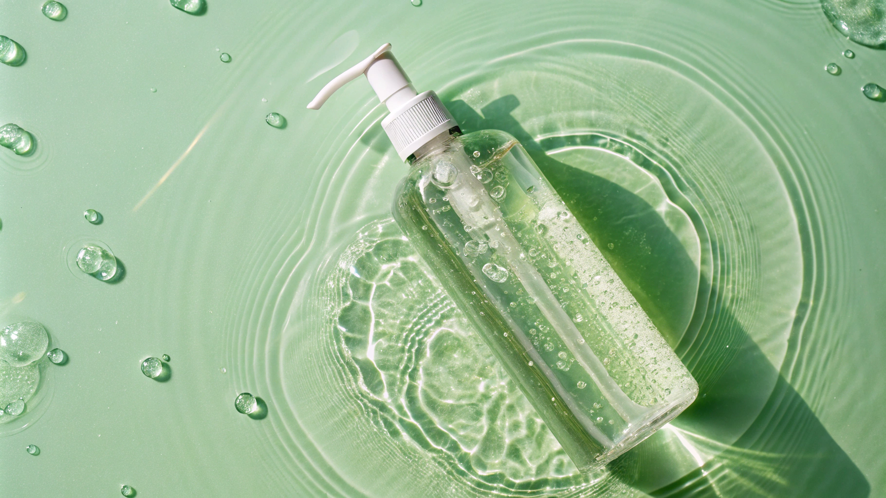 AI generated image by Red Panda AI: On a warm, soft green solid background, a 500ml transparent pump bottle of body wash is surrounded by shallow, gentle water ripples. The light catches the ripples around the bottle, enhancing a fresh and calming feel.