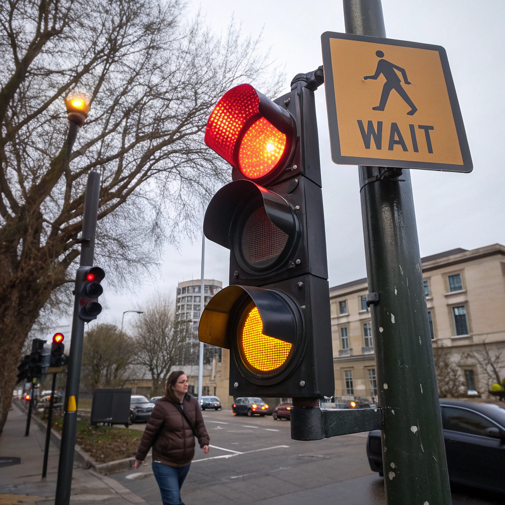AI generated image by Red Panda AI: Traffic light turns from red to yellow.  The sign reads "Wait"