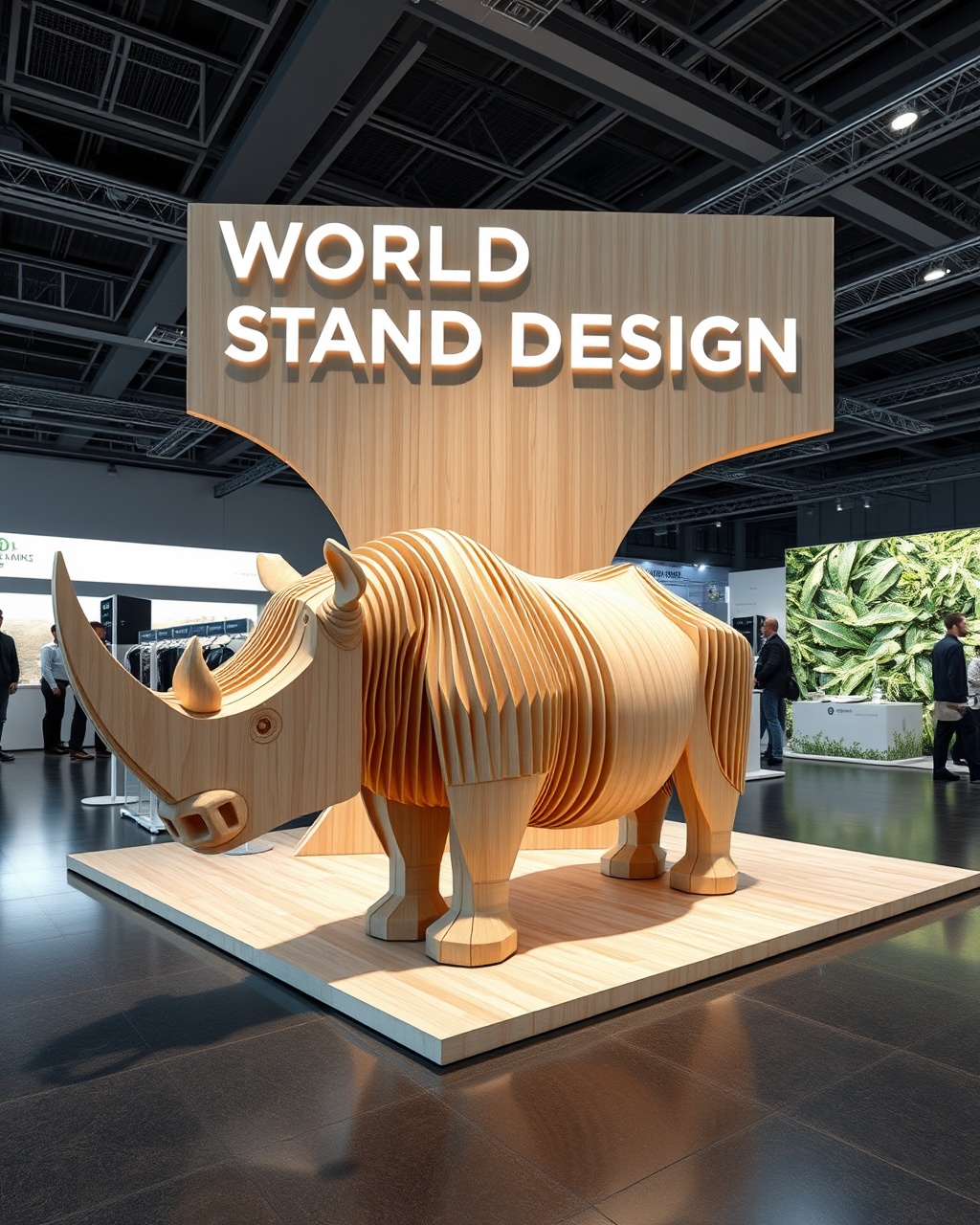 AI generated image by FLUX.1-schnell: Create a visually striking and captivating rendering for the "WORLD STAND DESIGN" exhibition booth. The design should prominently showcase the company’s logo at the top, ensuring it stands out and draws the eye of attendees. 

For the booth's aesthetic, draw inspiration from an abstract 2D representation of a rhinoceros. This will be achieved through the innovative use of wooden strips, each measuring 2 cm in thickness, arranged artistically to evoke the qualities and silhouette of the rhinoceros. The strategic placement and layering of these wooden elements will not only highlight the unique theme but also create a dynamic visual experience that engages and intrigues visitors, embodying the essence of nature and design.