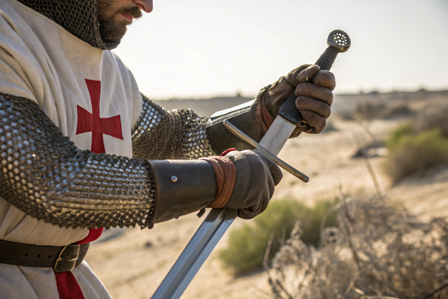 AI generated image by Red Panda AI: An extreme close-up photograph of a medieval soldier's hand drawing a knightly sword out of its scabbard, he wears chain mail sleeves, white tunic and medieval leather gloves. the tunic has a red cross in the middle, desert shrubland, 8k, photorealistic