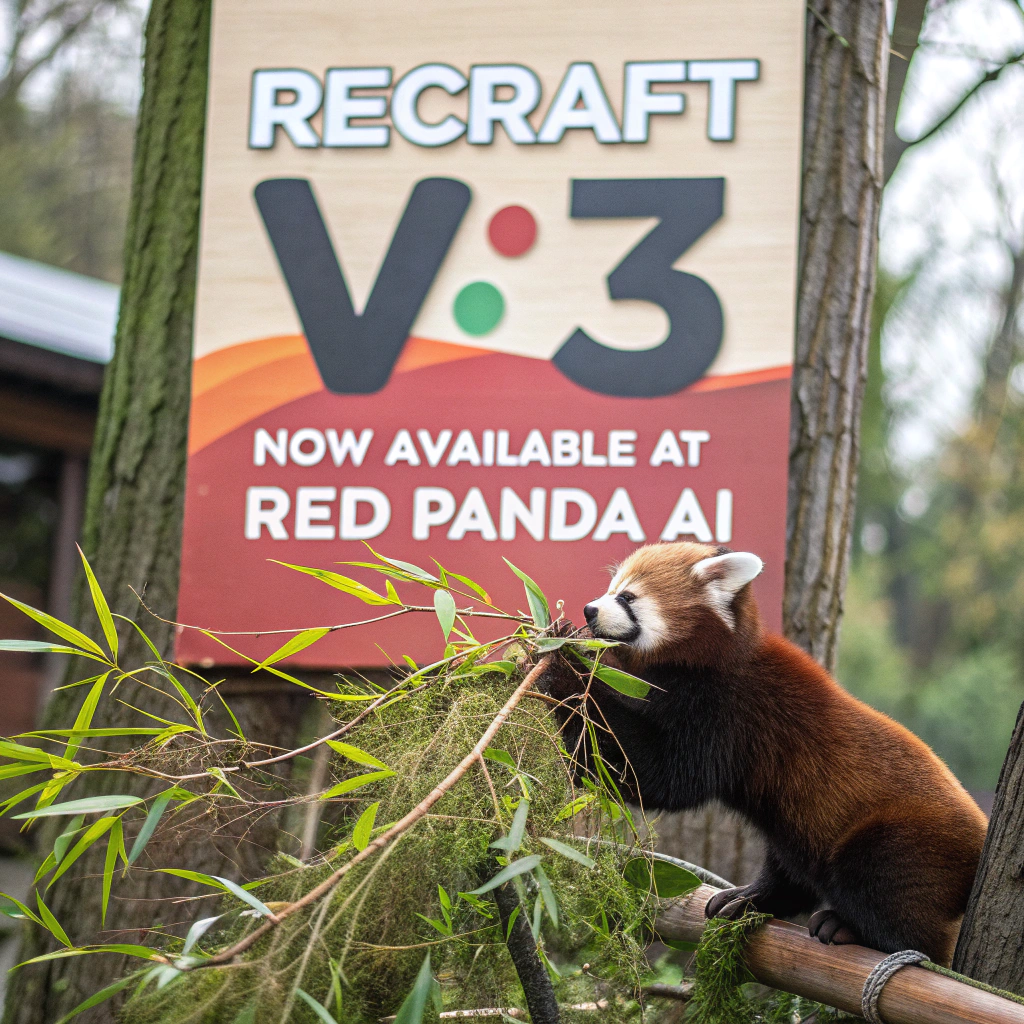 AI generated image by Red Panda AI: a red panda eating a bamboo in front of a poster that says "recraft V3 now available at red panda ai
