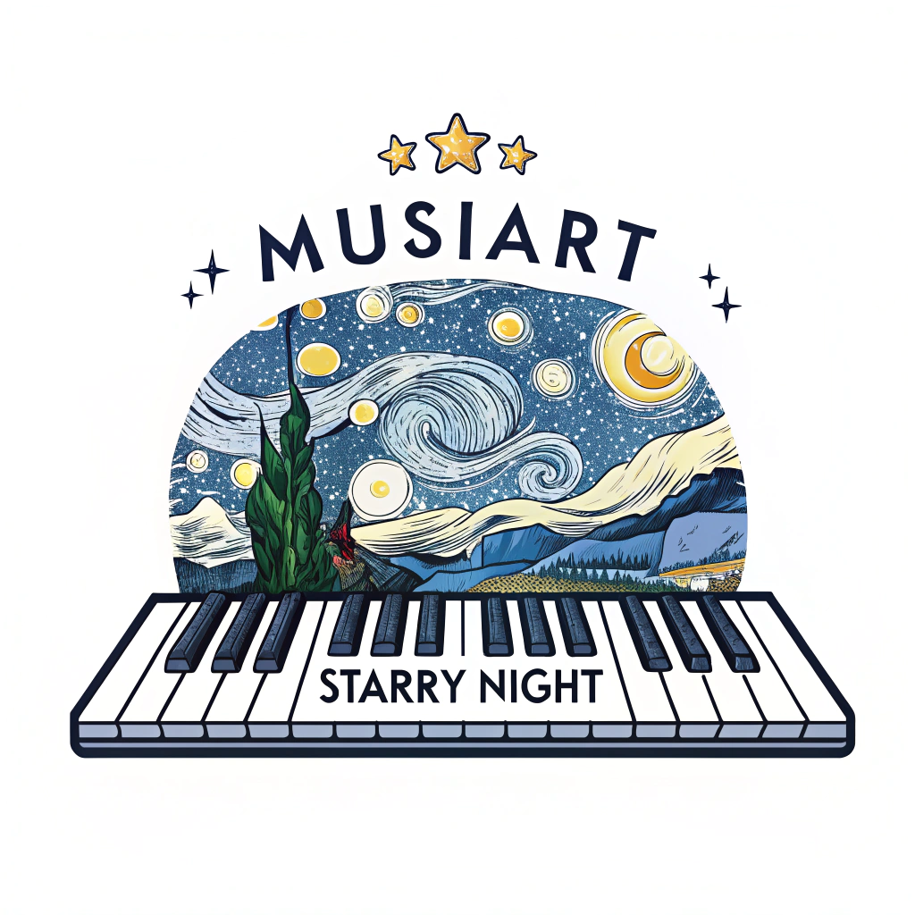 AI generated image by Red Panda AI: logotipo con un teclado de piano y el cuadro noche estrellada
