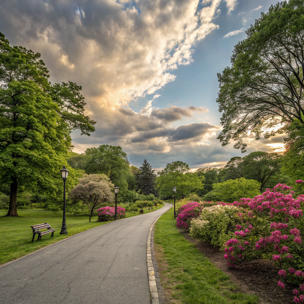 AI generated image by Red Panda AI: quiero un paisaje un parque de estados unidos sin personas en medio de un camino y sin personas y que las nuves 


