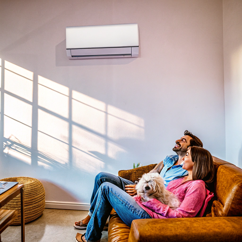 AI generated image by Red Panda AI: Modern wall-mounted air conditioning unit in a modern flat. The room is heated with this unit. It is nice and warm. The husband, woman and dog are happy and enjoy the comfort they have. There is nice natural light in the room.