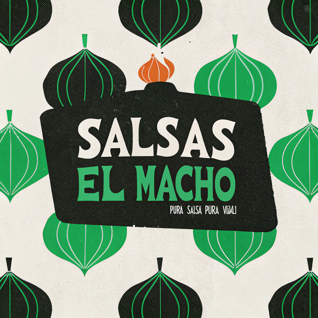 AI generated image by Red Panda AI: logotipo de un producto llamado Salsas EL MACHO, también agrega el eslogan Pura salsa pura vida!! con un estampado de fondo de siluetas cebollas y ajo diseño artesanal

para un frasco de salsa
