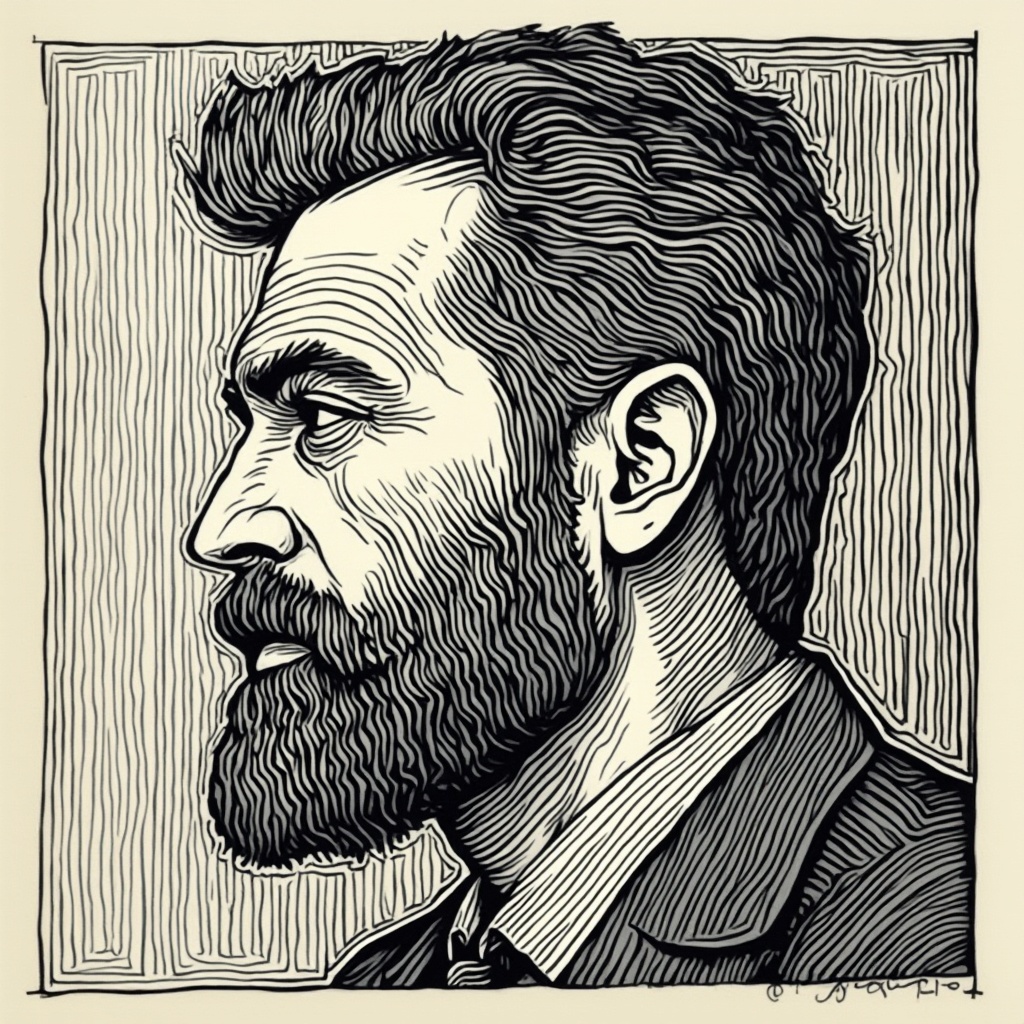 AI generated image by FLUX-Realism-Lora: rostro de hombre en estilo linocut, woodcut, lineart