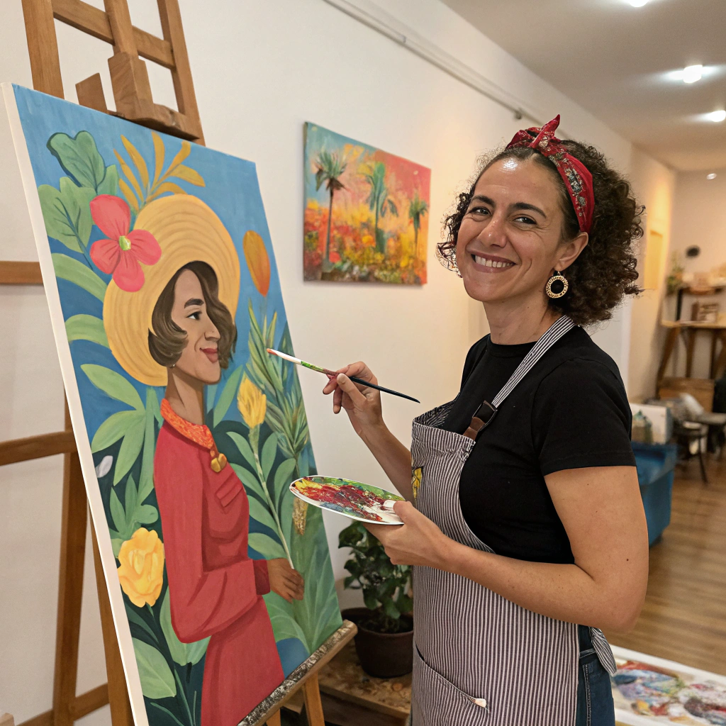 AI generated image by Red Panda AI: Erstelle ein Bild von einer  Frau mit einem selbstgemalten Bild 