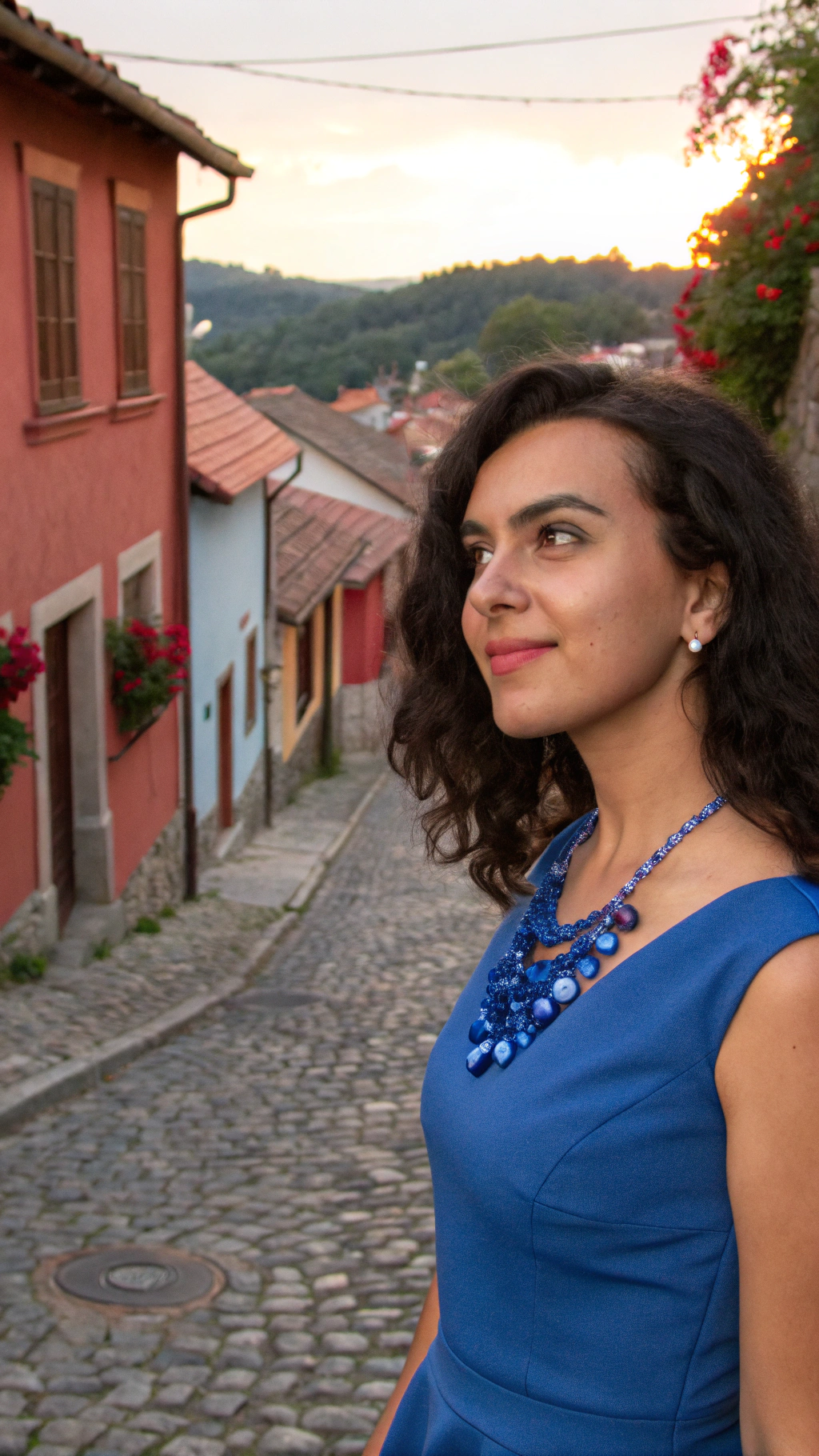 AI generated image by Red Panda AI: Rostro ovalado y sereno, piel trigueña Ojos café , Cabello largo, ondulado, castaño oscuro. Luce un vestido azul corto Lleva siempre un collar de cuarzo azul, brillante como el agua al amanecer.Está de pie en una calle empedrada de un pueblo pintoresco, con casas de tejas rojas y flores en las ventanas. La iluminación es cálida, como en una tarde soleada. en el mar gordita     Con un vestido desente