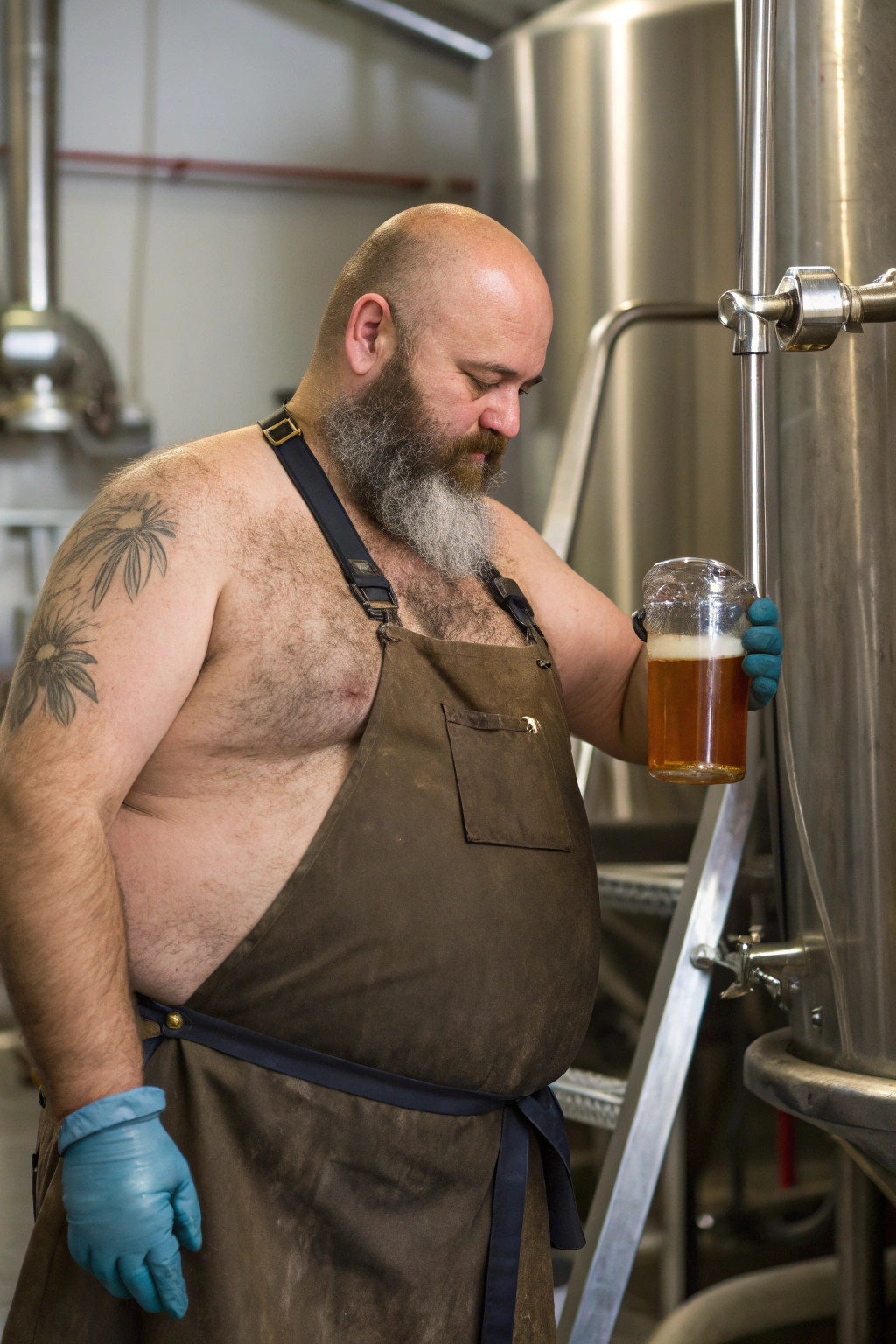 AI generated image by Red Panda AI: a 40 year old hirsute man at the brewery making beer. Man has heavy amount of body hair, hairy chest pattern, bloated hairy belly, bald head, white and brown goatee