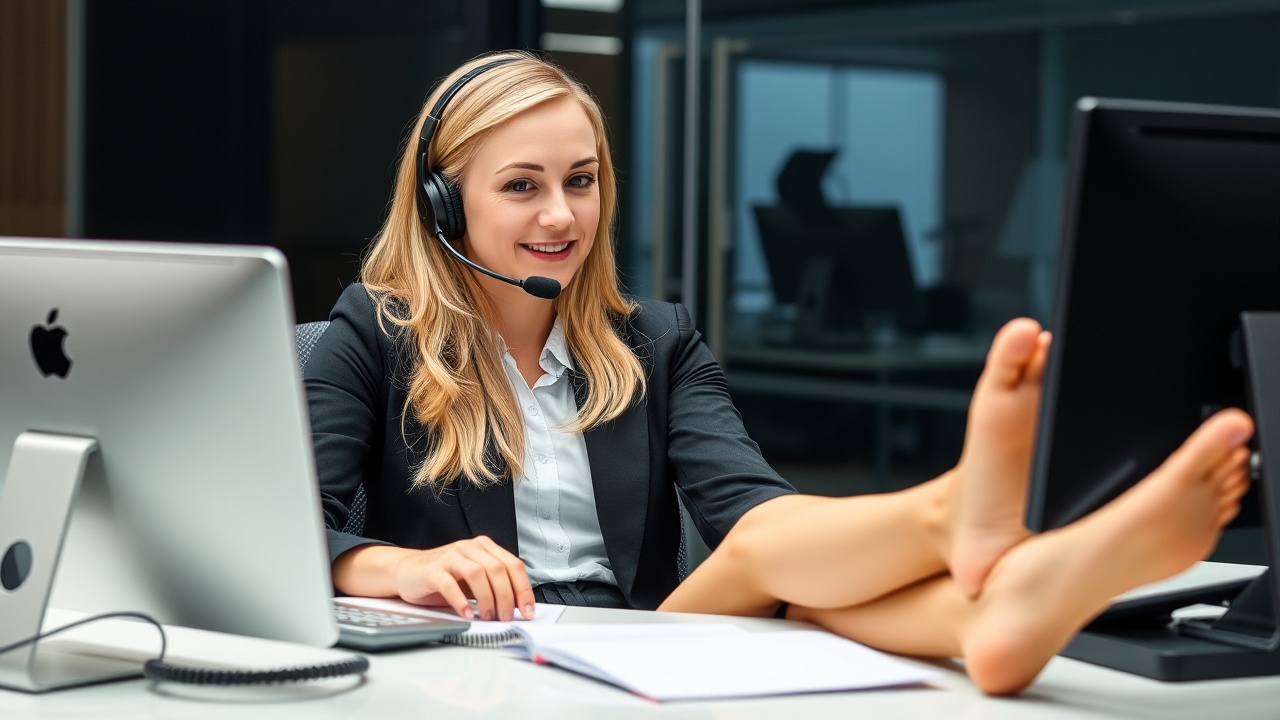 AI generated image by FLUX.1-schnell: blonde call center agent wearing a headset with feet up on the desk while a phone is ringing