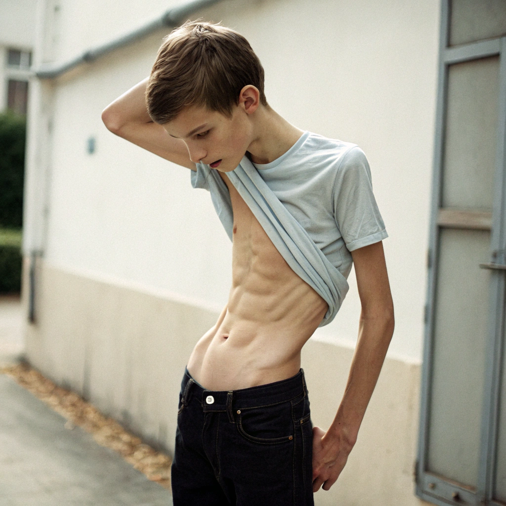AI generated image by Red Panda AI: A skinny teen boy, very skinny, extreamly skinny body, wearing a shirt that is lifted up halfway revealing his stomach
