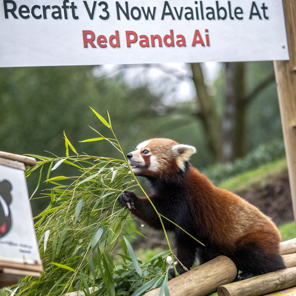 AI generated image by Red Panda AI: a red panda eating a bamboo in front of a poster that says "recraft V3 now available at red panda ai