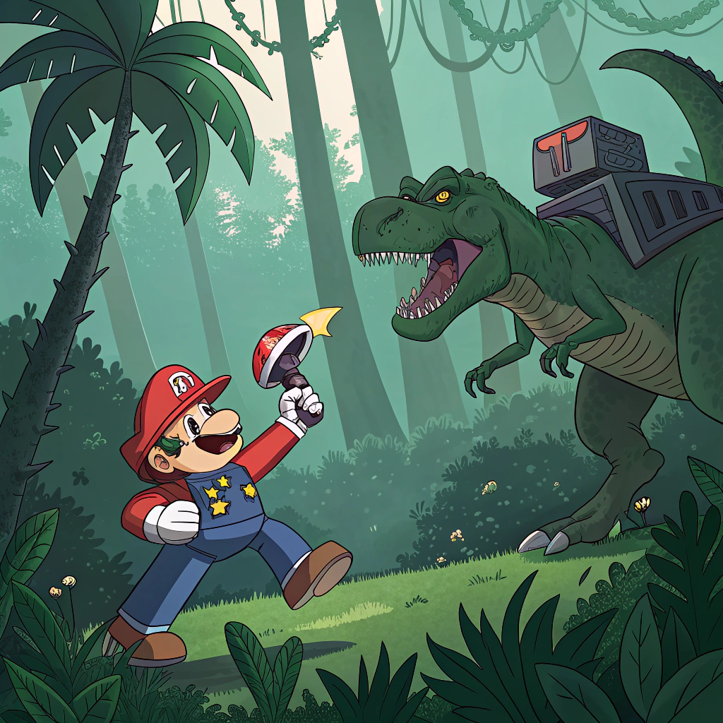 AI generated image by Red Panda AI: super mario riding a dinosaur in the jungle and fighting against an evil transformer