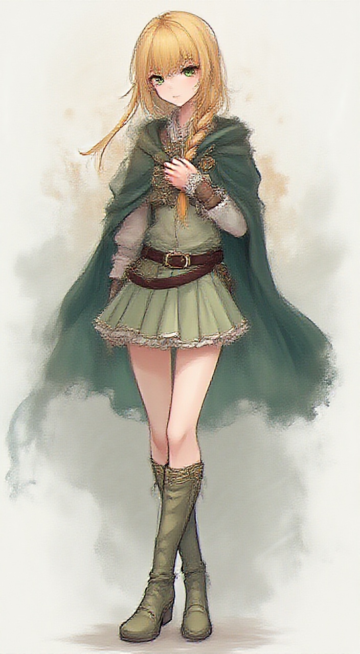 AI generated image by FLUX.1-pro: blonde woman, braid hair, anime art style, light green miniskirt, short dark green cloak, long boots under the knees, perfect anatomy, sexy, full body, white shirt, medieval attire, manga, ((anime)), full body, her figure more alike perfect anatomy for woman, and depict her now in the art style of Persona 5 Royal game, visual novel sprite, random emotion, no background, green eyes