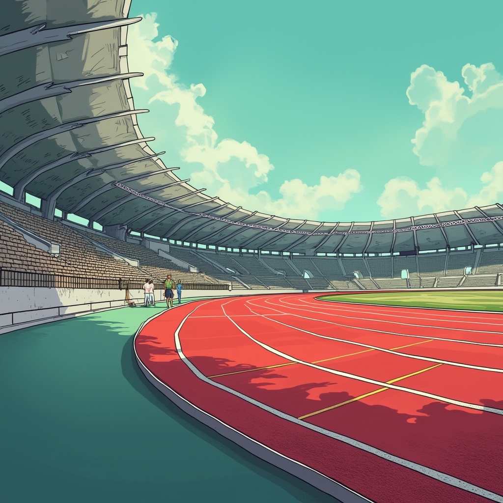 AI generated image by FLUX.1-pro: side view, empty Running track at the Olympics, comic art

