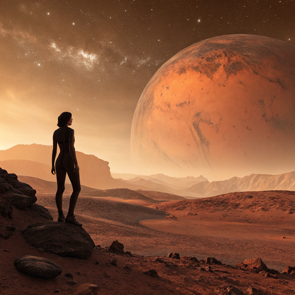 AI generated image by Red Panda AI: una imagen del planeta marte y una chica desnuda dando la espalda