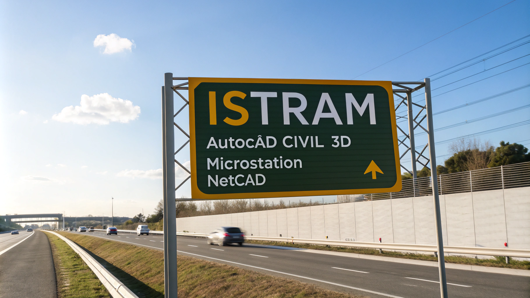 AI generated image by Red Panda AI: A high-definition image of a highway sign with the text "istram"emphasized font. Below the "istram" text, there are other texts: "Autocad Civil 3D", "Microstation", and "Netcad". The background is a clear blue sky with a few white clouds. The sign is placed on the side of a highway.
