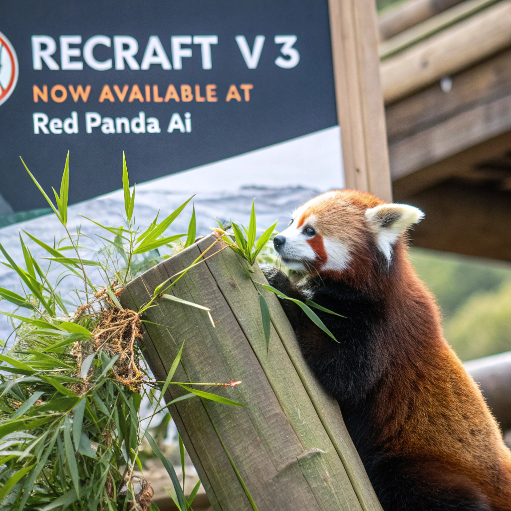 AI generated image by Red Panda AI: a red panda eating a bamboo in front of a poster that says "recraft V3 now available at red panda ai