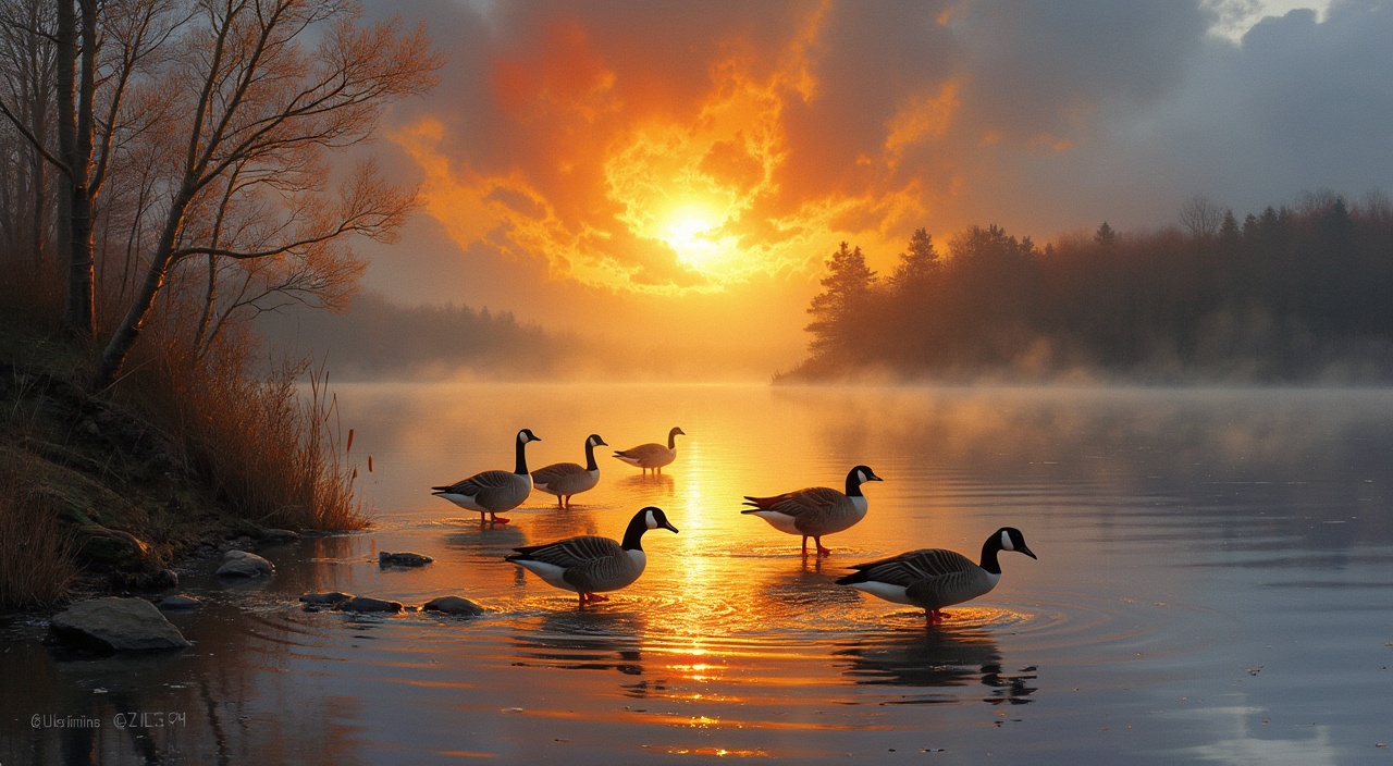 AI generated image by FLUX.1-pro: magic moment in a digital painting when the sun breaks through the overcast sky and showers nature with a mystical glow. The water surface is momentarily turned to fire, and casts its warm rays over the feeding geese.  terry redlin style