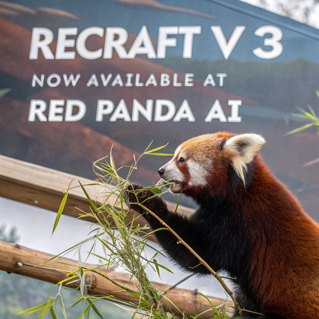 AI generated image by Red Panda AI: a red panda eating a bamboo in front of a poster that says "recraft V3 now available at red panda ai