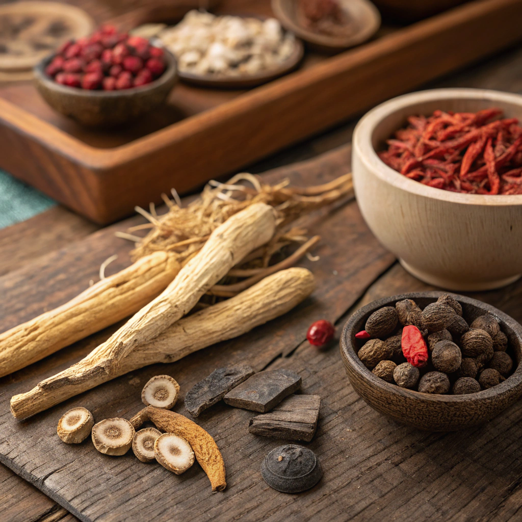 AI generated image by Red Panda AI: Chinese Herbal Medicine Collection: A highly detailed, macro photograph of various traditional Chinese medicinal herbs, laid out on a rustic wooden surface. The setup includes ginseng roots, goji berries, reishi mushrooms, and dried lotus seeds, with soft natural lighting creating a warm and earthy ambiance