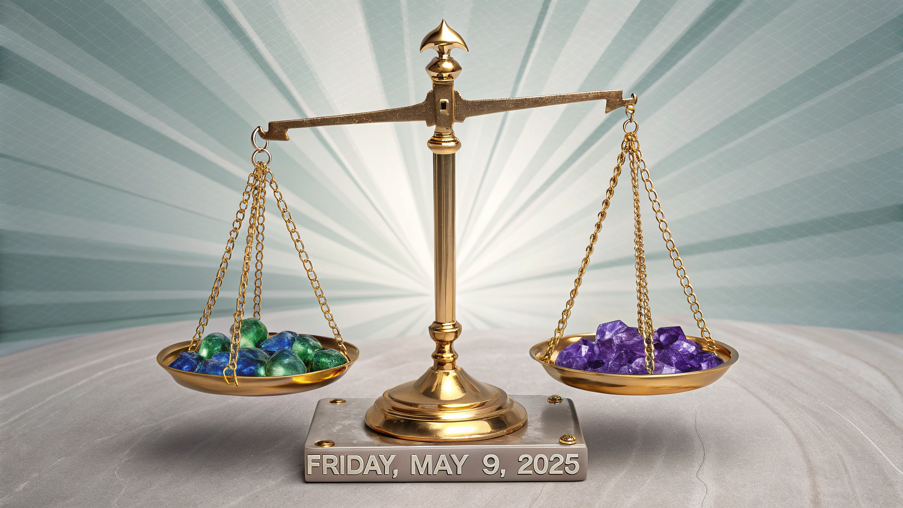 AI generated image by Red Panda AI: Visualize a precision balance scale made of polished metal. On one side, place blue and green crystals (representing large caps) slightly rising upward. On the other side, show purple and gold crystals (representing small caps and financials) weighing down their side of the scale.
The entire balance would be positioned on a solid foundation of quartz with small golden threads running through it (symbolizing market stability despite the rotation). The background could feature subtle upward light rays in varying colors to represent the continued recovery phase.
In the foreground, place a small compass with its needle moving from the blue crystals toward the purple/gold ones, symbolizing the rotation of capital. The date "Friday, May 9, 2025" could appear engraved on the base of the balance scale.