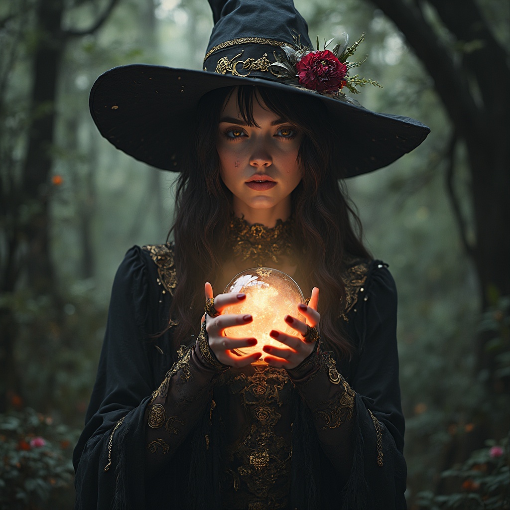 AI generated image by FLUX-Realism-Lora: Create a witch with a tarot cards and cristal ball