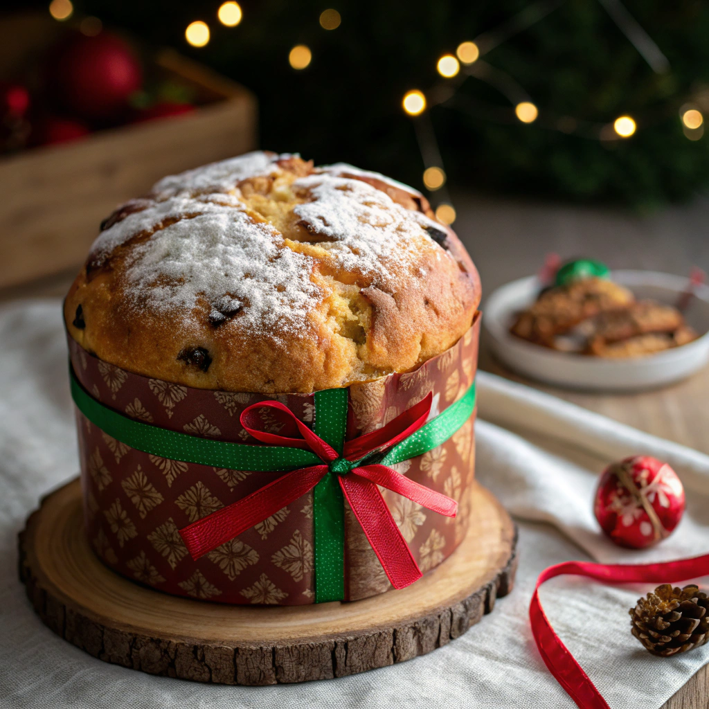 AI generated image by Red Panda AI: TAKE A REALISTIC PHOTOGRAPH OF A
CHRISTMAS Panettone, MAKE IT LOOK DELICIOUS AND FLUFFY