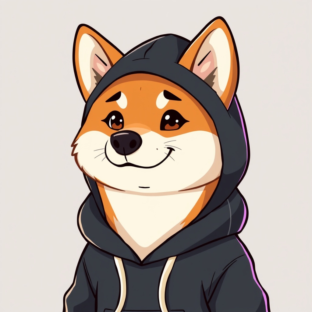 AI generated image by FLUX.1-schnell: Generate an image of a cartoon style Shiba Inu  wearing a black hoodie